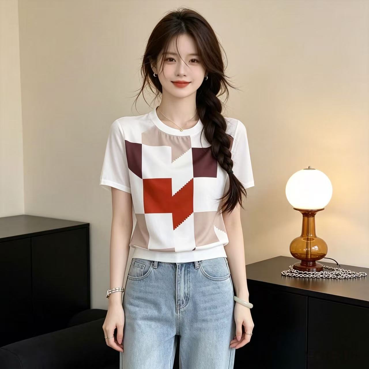 도시 라임 14 남 쌀 실크 더블 크레이프 뽕나무 누에 실크 반팔 티셔츠 여성 2026 여름 새로운 패션