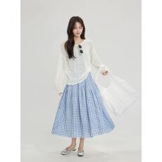 批发2026蓝色格子半身裙女夏季设计感小众中<b class='q'>长款</b>a字裙子大摆花苞裙