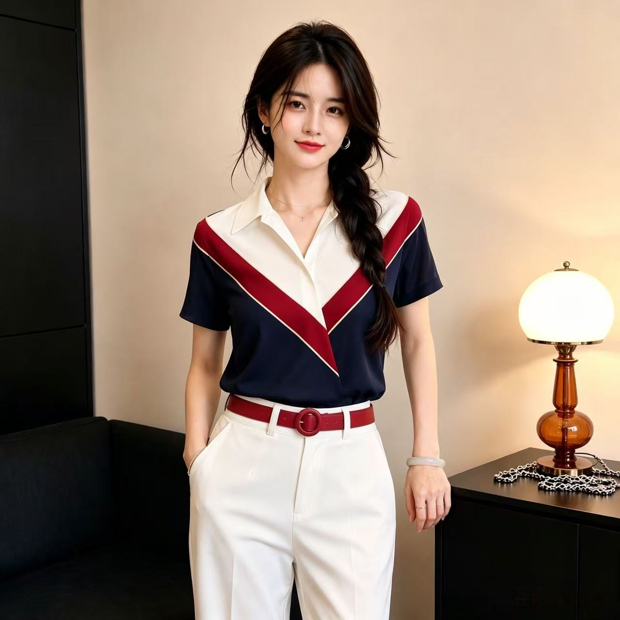 여름 폭발 프랑스식 고급 외국 가스 연령 감소 아름다운 Chic 고유 한 맨위 고급 센스 배색 반팔 여성 셔츠