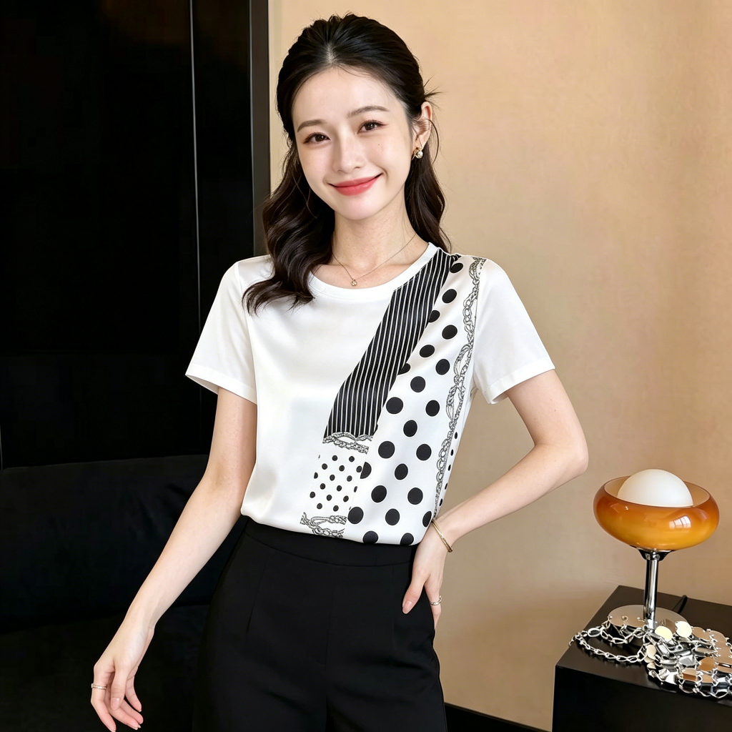 2026 여름 드레스 새로운 패션 라운드 넥 싸움 시뮬레이션 실크 도트 무늬 화이트 반팔 티셔츠 여성 작은 대중 맨위 여성