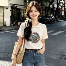 批发拍新中式国风刺绣短袖<b class='q'>T</b><b class='q'>恤</b>女春夏新款正肩圆领百搭半袖上衣