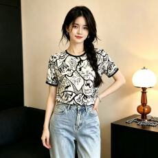 批发印花真丝短袖t恤女2026新款<b class='q'>夏季</b>薄款气质小衫宽松桑蚕丝上衣