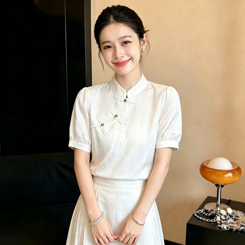 2026 새틴 자카드 여성 셔츠 여름 반팔 고급 센스 새로운 중식 단추 국풍 맨위