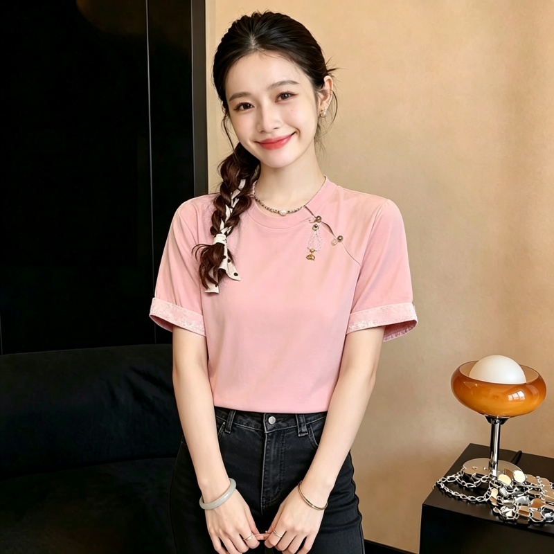 새로운 중식 국풍 비즈 박기 단추 핑크색 반팔 티셔츠 여성 여름 디자인 센스 Chic 기본 셔츠 맨위