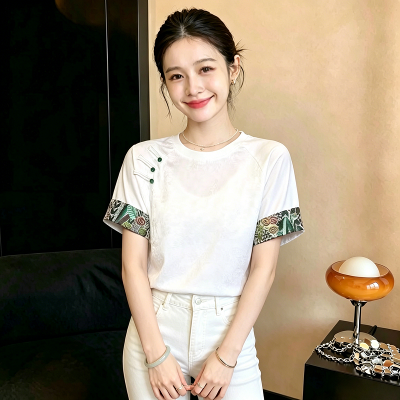 2026 년 여름 새로운 배색 새로운 중식 자카드 개선 티셔츠 여성 국풍 단추 중간 길이 티셔츠 맨위