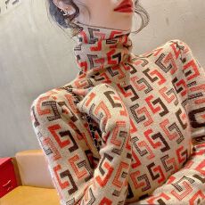 95涤 秋冬内搭字母提花宽松大码外穿针织打底衫德绒女高领