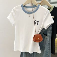 批发实拍撞色圆领短袖T恤女夏季新款修身<b class='q'>韩版</b>内搭打底衫设计感上衣服