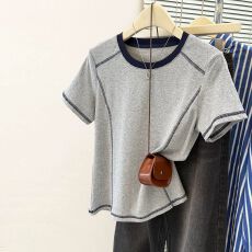 批发实拍<b class='q'>纯棉</b>罗纹新款夏季撞色明线短袖<b class='q'>T</b><b class='q'>恤</b>女圆领正肩修身显瘦上衣