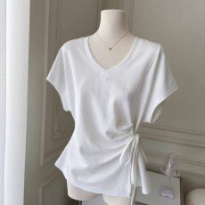 批发<b class='q'>纯棉</b>绑带设计感小众V领短袖<b class='q'>T</b><b class='q'>恤</b>女夏季韩版内搭外穿打底衫收腰上衣