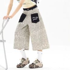 批发美式复古豹纹牛仔裤女<b class='q'>秋</b>季口袋设计高街垂感直筒长裤