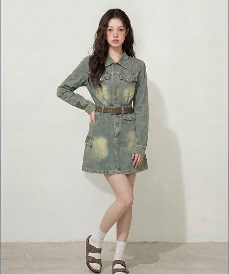실사 빅 사이즈 여성 의류 l-4xl 가을 레트로 홍콩 느낌 워싱 허리 수축 슬림해 보이는 데님 점프 슈트 미니 스커트 벨트