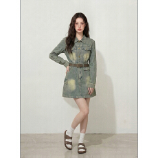 批发实拍~大码女装L-4XL<b class='q'>秋</b>季复古港味水洗收腰显瘦牛仔连衣短裙+腰带