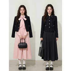 批发实拍大码女装韩系气质百搭小香风外套加大圆领长袖系带<b class='q'>连衣裙</b>套装