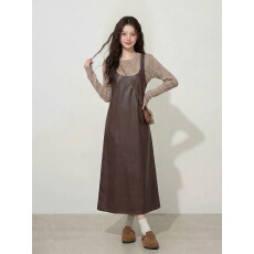 批发实拍不退换<b class='q'>大码</b>女装L- 4XL美拉棕色pu皮打底衫套装胖mm两件套长裙