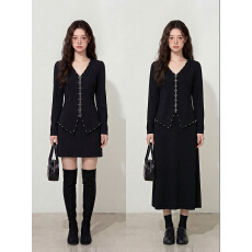 批发实拍~大码女装<b class='q'>秋</b>季高级感珍珠拉链外套黑色显瘦A字半身裙两件套