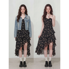 批发实拍～大码女装初<b class='q'>秋</b>高级感不规则法式碎花吊带裙小众牛仔外套套装