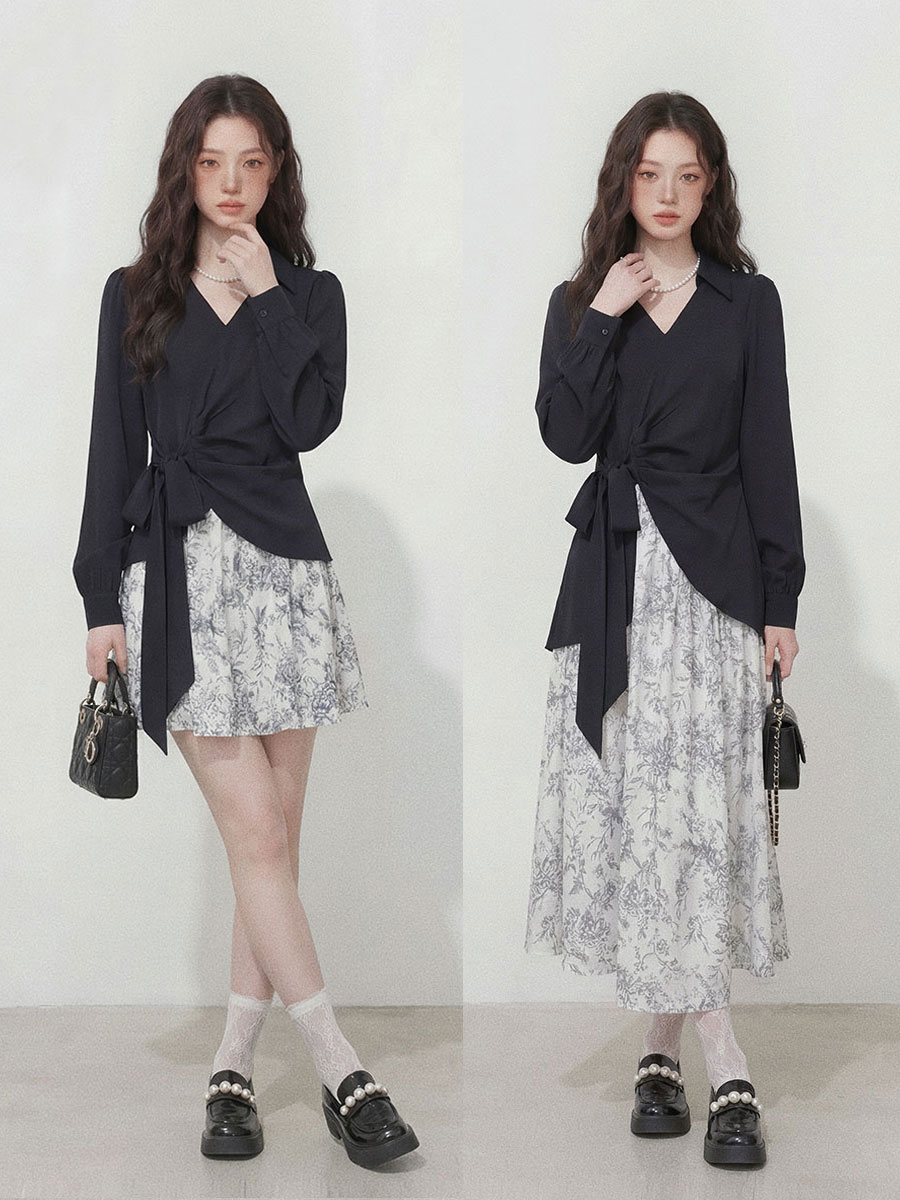 실사 빅 사이즈 여성 의류 불규칙 패치워크 꽃무늬 롱 스커트 품격 허리 수축 슬림해 보이는 고급 센스 페이크 레이어드 드레스