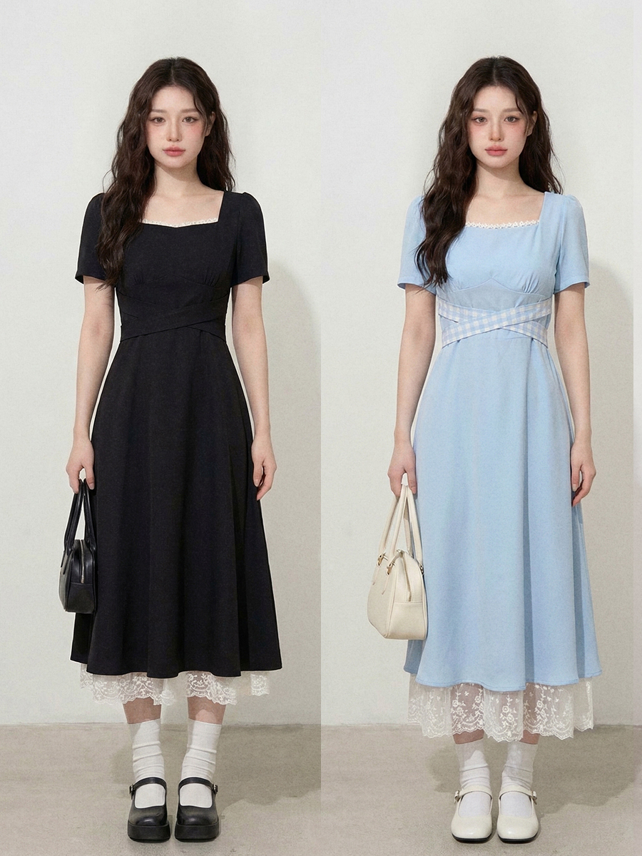 실사 빅 사이즈 여성 의류 l-4xl 프랑스식 품격 광장 칼라 체크무늬 스트랩 디자인 센스 패션 여성 드레스
