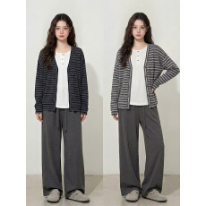 批发实拍~大码女装<b class='q'>秋</b>季慵懒风美式撞色条纹长袖内搭背心+休闲长裤套装