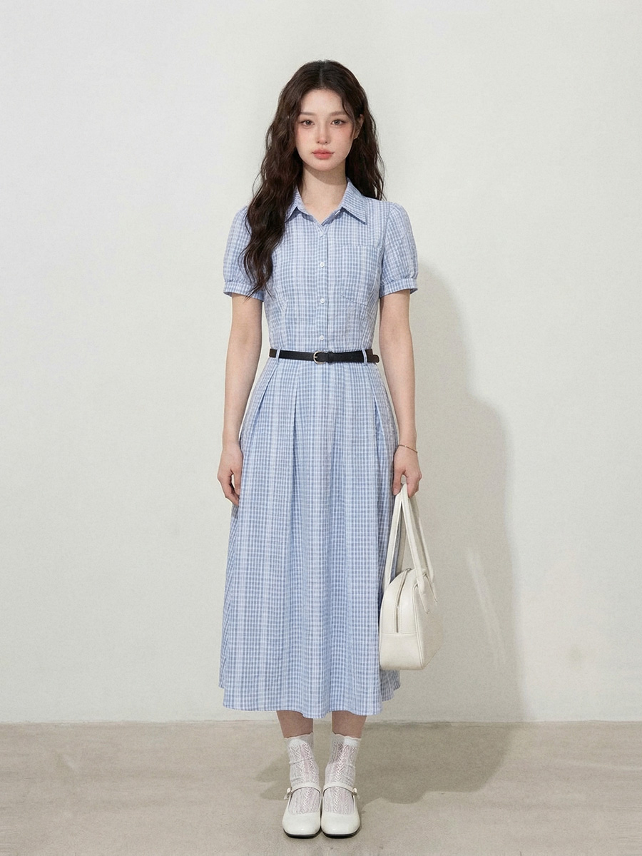 실사 원본 품질 빅 사이즈 여성 의류 l-4xl 한 부서 품격 허리 수축 슬림해 보이는 스트라이프 반팔 셔츠 드레스