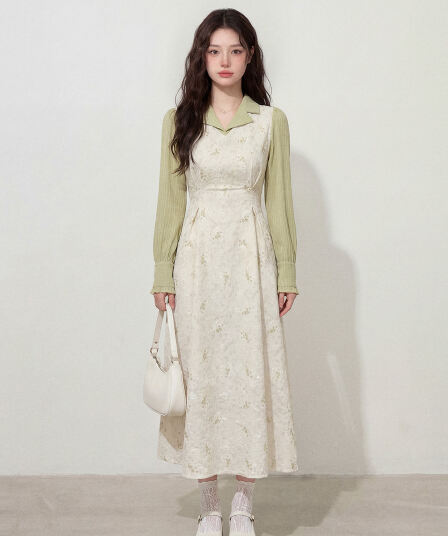 실사 l-4xl 빅 사이즈 여성 의류 긴팔 프랑스식 레트로 폴로 칼라 우아함 허리 수축 슬림해 보이는 품격 롱 코트 차 휴식 치마