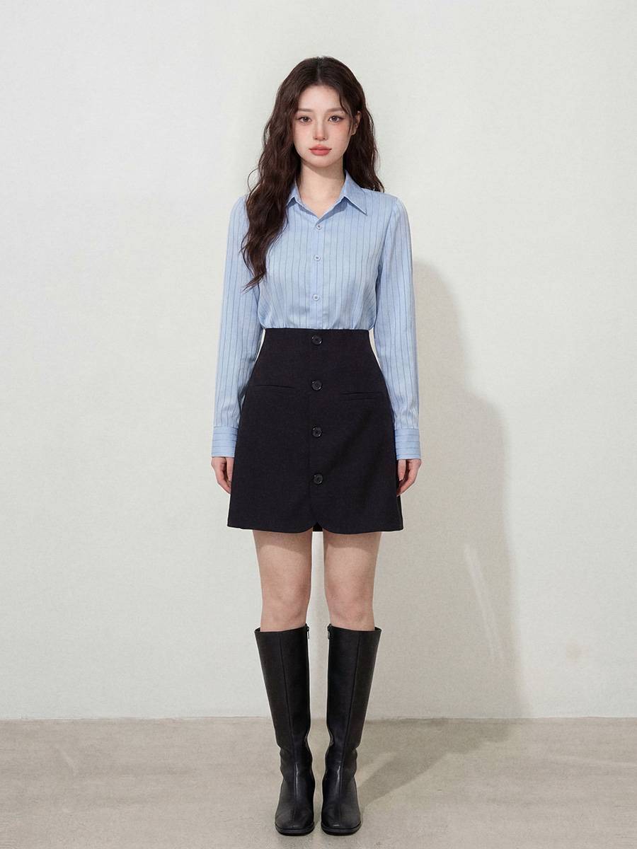 실사 l-4xl 빅 사이즈 여성 의류 품격 배색 셔츠 페이크 레이어드 프랑스식 블루 스트라이프 패치워크 허리 수축 드레스