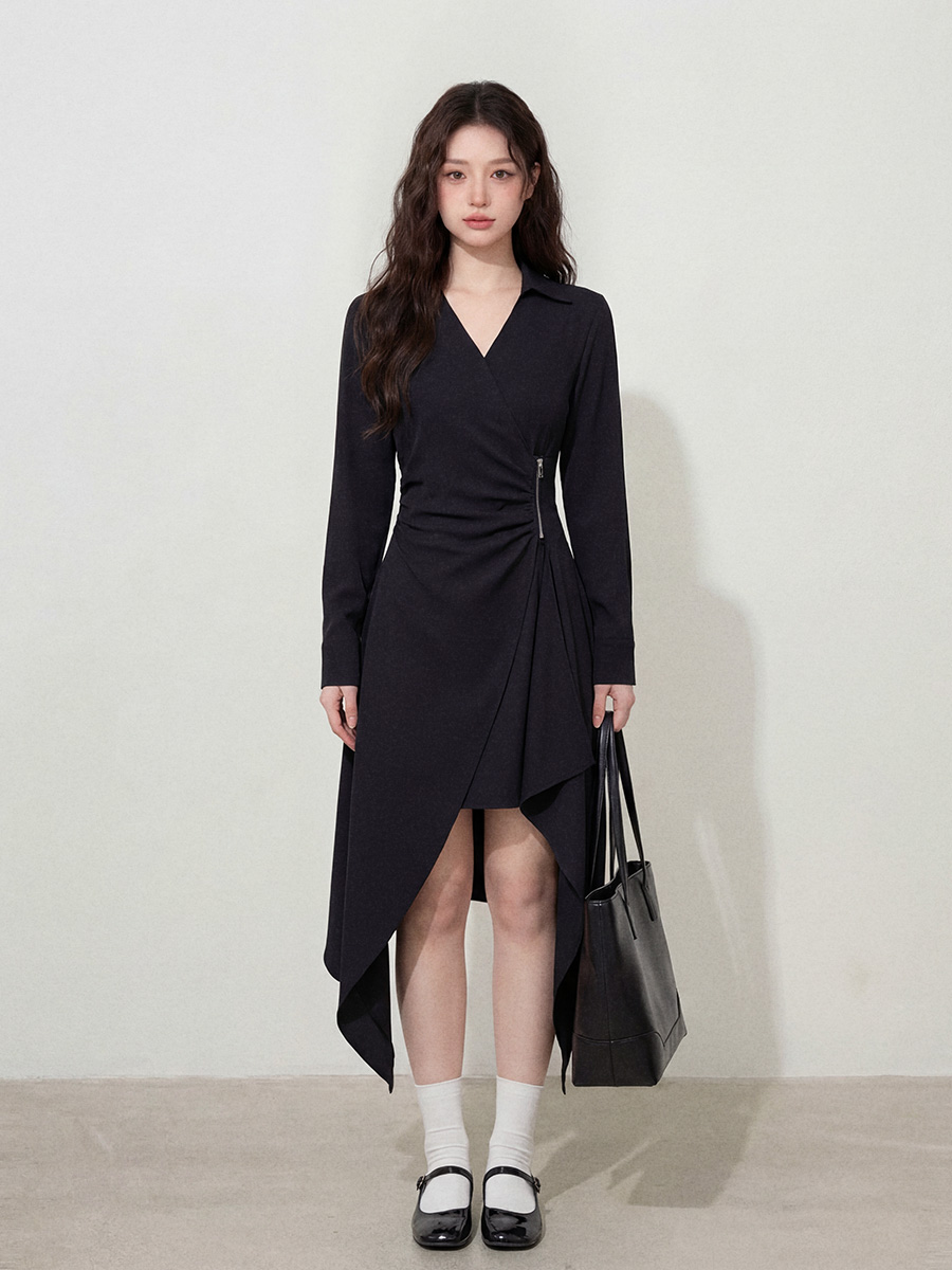 실사 l-4xl 빅 사이즈 여성 의류 불규칙 치마 V넥 단색 미니멀리즘 몸매 가꾸기 숨기기 고기 슬림해 보이는 검정색 드레스