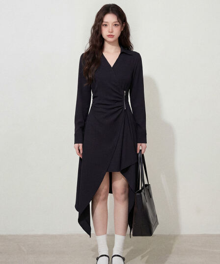 실사 l-4xl 빅 사이즈 여성 의류 불규칙 치마 V넥 단색 미니멀리즘 몸매 가꾸기 숨기기 고기 슬림해 보이는 검정색 드레스