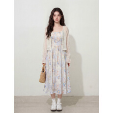 批发实拍L-4XL大码女装米色开衫+法式温柔风吊带连衣裙粉嫩少女两件套