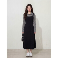 批发实拍L-4XL<b class='q'>大码</b><b class='q'>女装</b>早秋衬衫领假两件长袖简约风清纯A字连衣裙胖MM