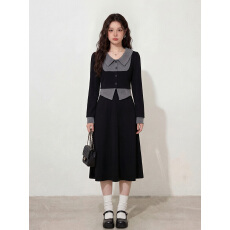 批发实拍~大码女装韩系通勤慵懒拼接假两件polo领长袖收腰显瘦<b class='q'>连衣裙</b>