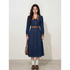 批发L-4XL大码女装复古翻领长款收腰单排扣<b class='q'>连衣裙</b>胖mm深蓝牛仔<b class='q'>连衣裙</b>