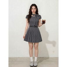 批发实拍大码女装富家千金风灰色波点连衣裙蝴蝶结设计感甜美收腰短裙