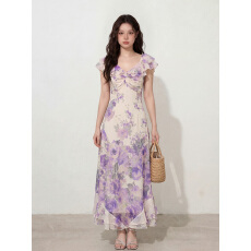 批发实拍~大码女装多穿性感小女人原创复古vintage韵味紫色印花连衣裙