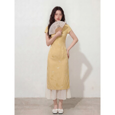 批发实拍~大码女装新中式改良旗袍拼接假两件重工提花连衣裙胖MM显瘦