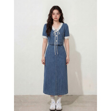 批发实拍~L-4XL<b class='q'>夏</b>季胖MM法式半开领假两件复古长短款牛仔连衣裙闺蜜裙