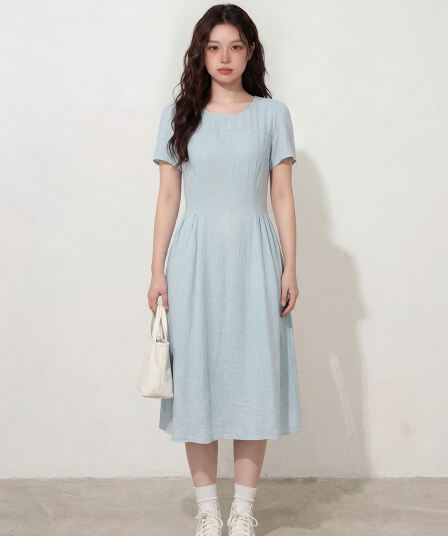실사 빅 사이즈 여성 의류 프랑스식 라운드 넥 파란색 반팔 드레스 지방 mm 허리 수축 슬림해 보이는 품격 길다 요정 치마