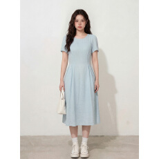 批发实拍~大码<b class='q'>女装</b>法式圆领蓝色短袖连衣裙胖MM收腰显瘦气质长仙女裙