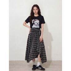 批发实拍～大码女装撒野套装美式高街水洗短袖T+不规则格子半裙两件套