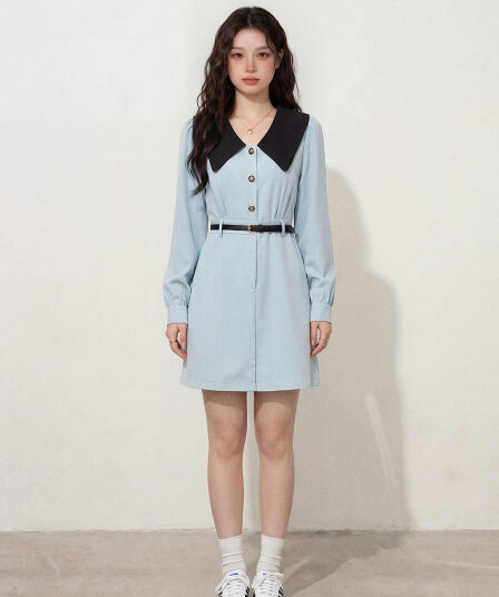 실사 빅 사이즈 여성 의류 학원 스타일 파란색 베이비 칼라 여성 드레스 지방 mm 긴팔 숨기기 고기 슬림해 보이는 드레스