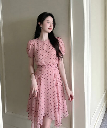 실사 빅 사이즈 여름 새로운 분말 안개 도트 무늬 프랑스식 거품 소매 하이웨이스트 표지 고기 슬림해 보이는 한 마디 여성 드레스