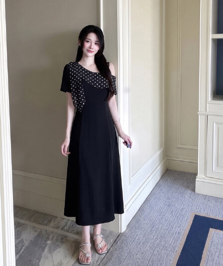 실사 빅 사이즈 여성 의류 프랑스식 코치 점잖은 드레스 지방 mm 여름 패치워크 도트 무늬 허리 수축 오프숄더 치마