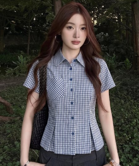 실사 빅 사이즈 한 부서 레트로 패치워크 체크무늬 파란색 단추 반팔 셔츠 여름 몸매 가꾸기 슬림해 보이는 캐주얼 맨위