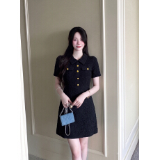 批发实拍~大码女装夏季黑色收腰气质高腰显高显瘦时尚小香风<b class='q'>连衣裙</b>