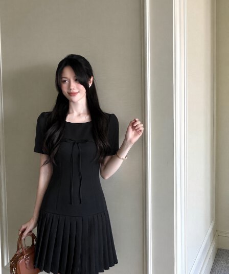 실사 빅 사이즈 여성 의류 여름 miu 부서 작은 샤넬 스타일 나비 매듭 고급 센스 허리 수축 드레스 지방 mm 숨기기 고기
