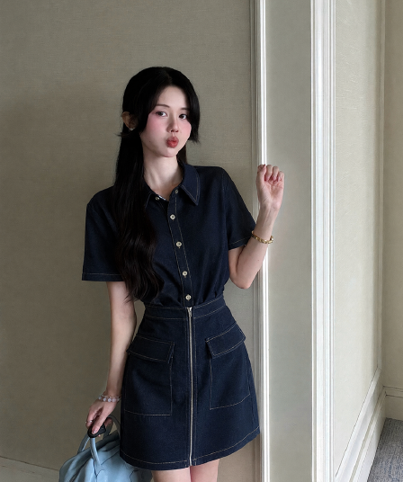 실사 s-4xl 여름 지방 mm 새로운 디자인 센스 페이크 레이어드 차가운 센스 모방 데님 드레스 품격 미니 스커트