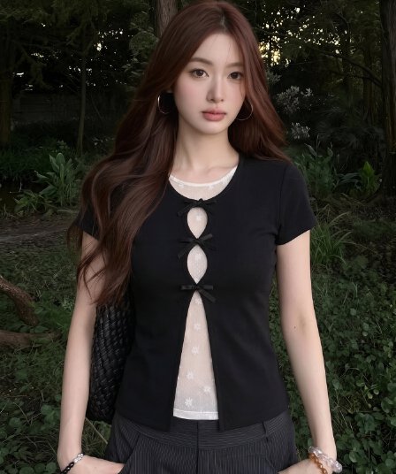 실사 정가 s-4xl 빅 사이즈 지방 mm 한 부서 슬림해 보이는 다크 바람 페이크 레이어드 반팔 홀로우 아웃 망사 맨위 여성
