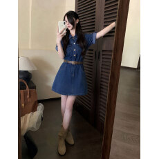 批发实拍大码女装夏季新款胖MM牛仔短袖连衣裙胖MM收腰显瘦裙子女