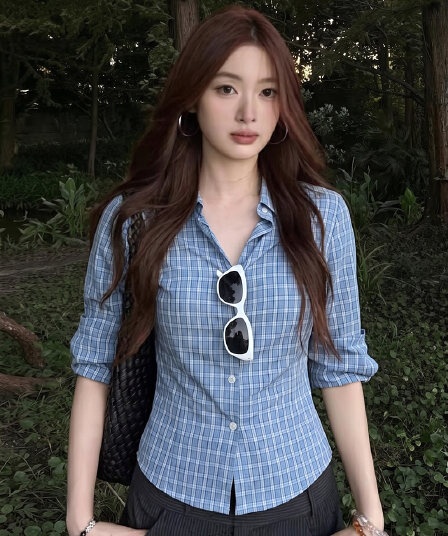 실사 빅 사이즈 한 부서 POLO 칼라 체크무늬 7부 소매 여성 셔츠 여름 허리 수축 슬림해 보이는 디자인 센스 품격 맨위