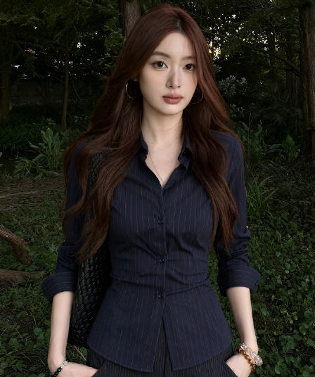 실사 빅 사이즈 여름 새로운 출퇴근 바람 스트라이프 여성 셔츠 고급 센스 긴팔 폴로 칼라 비즈니스웨어 맨위